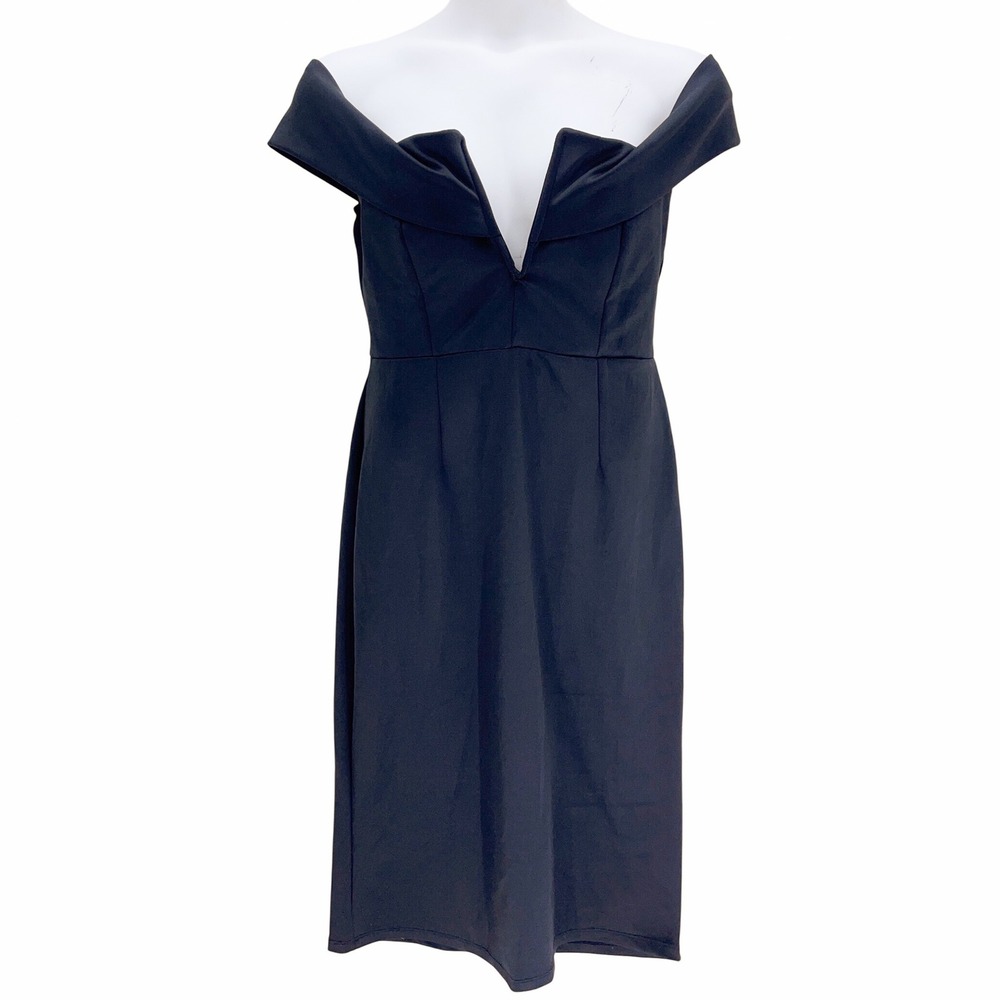 Black Off Shoulder Bodycon Dress XXL V-Neck Boning Cocktail Midi Curvy Plus